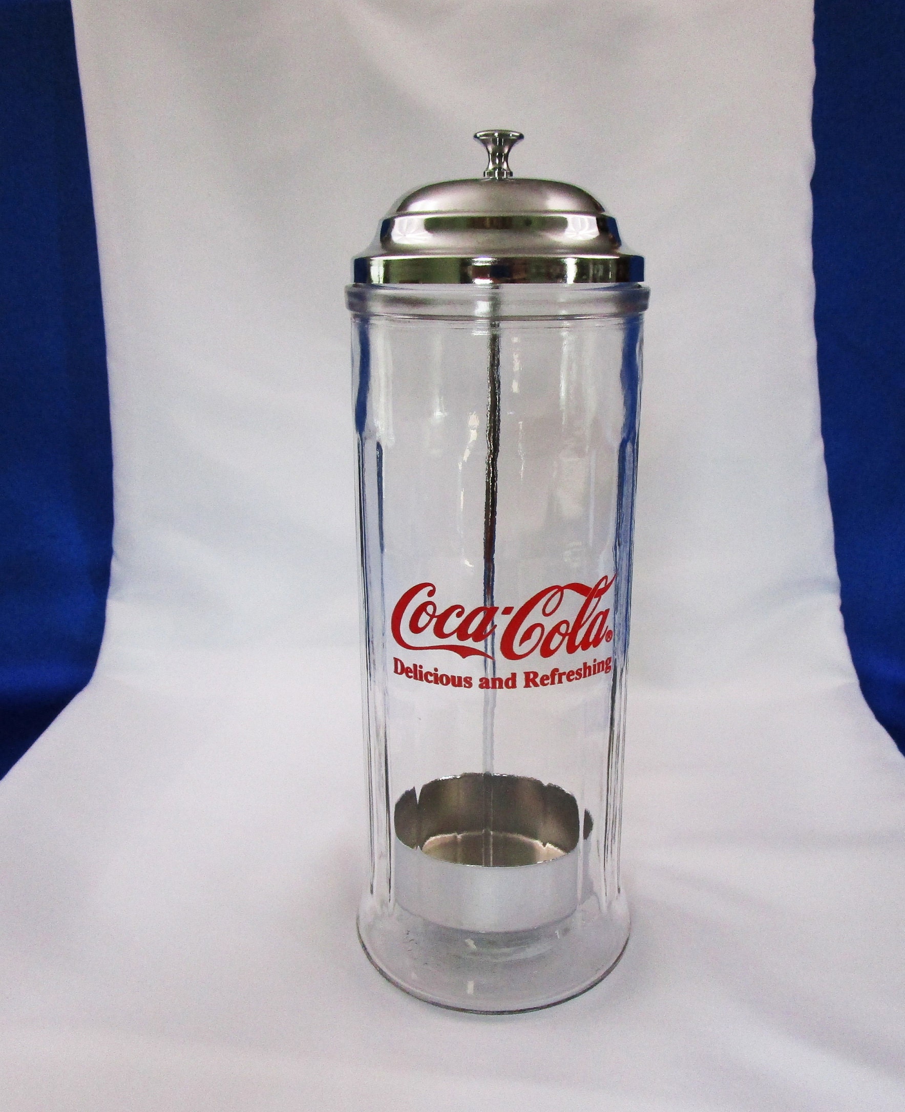 Vintage Coca Cola Straw Dispenser Glass & Chrome Large Coke Straw Holder  1992 Memorabilia Collectible Tableware Bar Barware