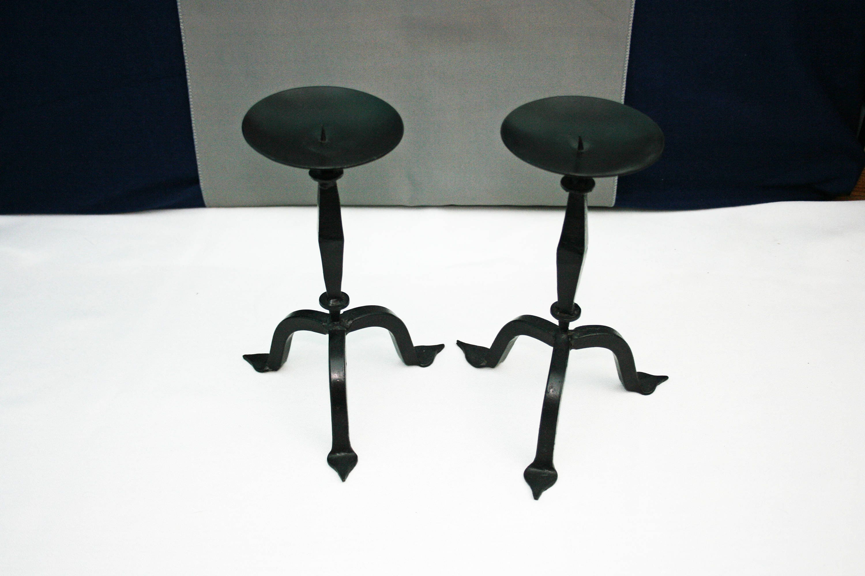 Pair Hand Wrought Iron TriFoot Tabletop Candlesticks Set of 2