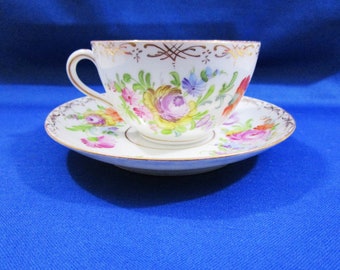 Antique Dresden Saxony Teacup & Saucer Hand Painted Tea Cup Floral Spray and Gold Gild Germany Afternoon Tea Party Coffee Vintage