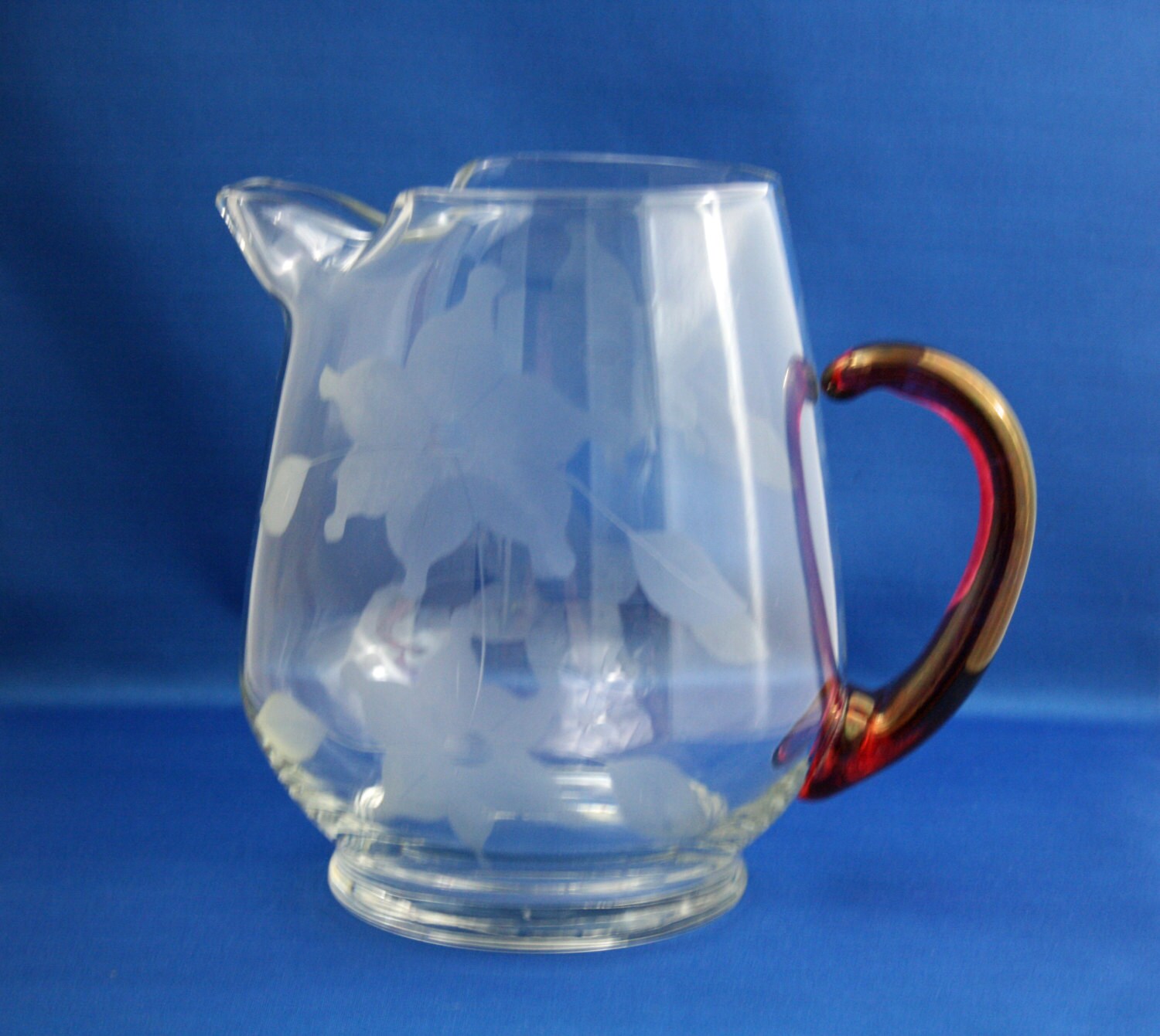 Vintage Clear Glass Pitcher Hand Formed Ice Lip and Red Glass Handle