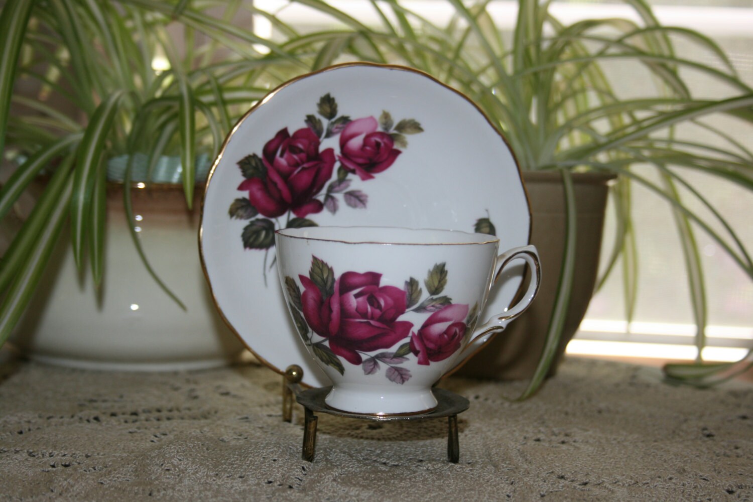 Vintage Royal Vale Bone China Red Rose Teacup and Saucer Made in