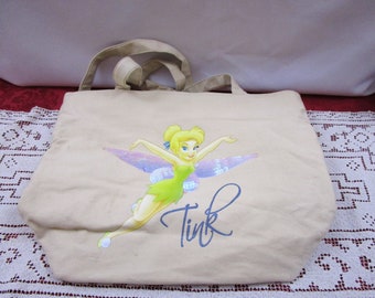 Vintage Disney Tink Tan Canvas Zippered Tote Bag, Tinkerbell Tinker Bell purse