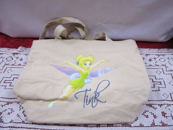 Vintage Disney Tink Tan Canvas Zippered Tote Bag,… - image 1