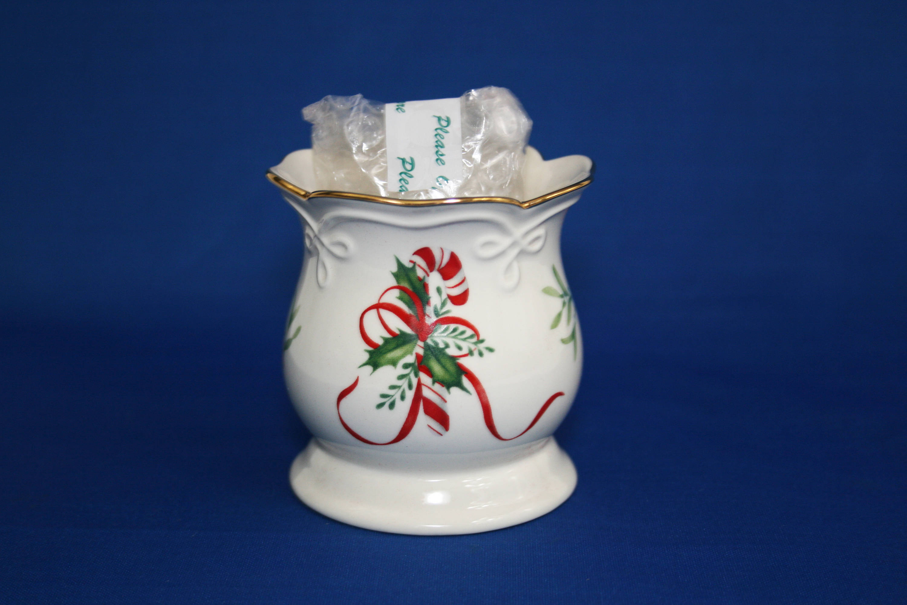 Lenox China Candy Cane Tea Light Fluted Bulb Candle Holder 24kt Gold