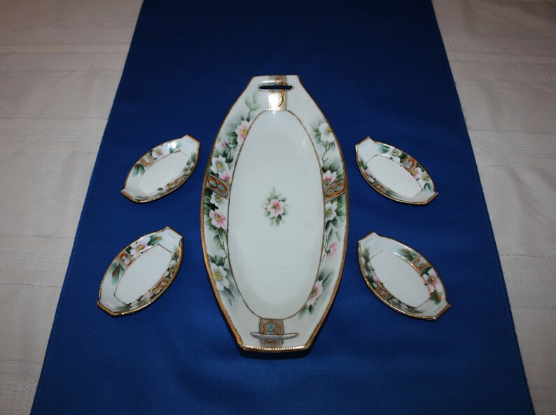 Antique Celery Serving Dish Set 4 Matching Salt Dip Cups Etsy