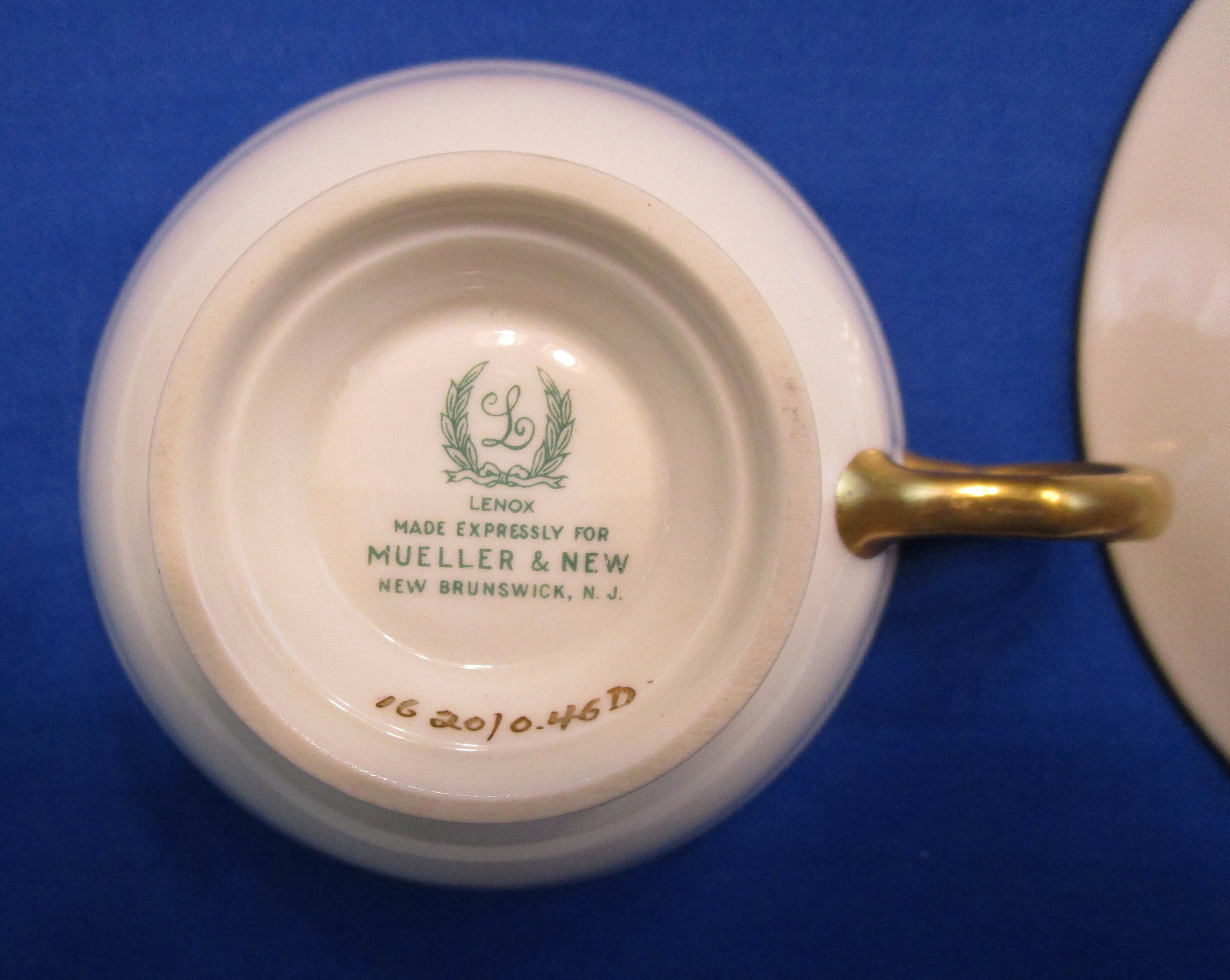 Antique Lenox Teacup and Saucer Teal Blue Band Gold Trim Footed Tea Cup