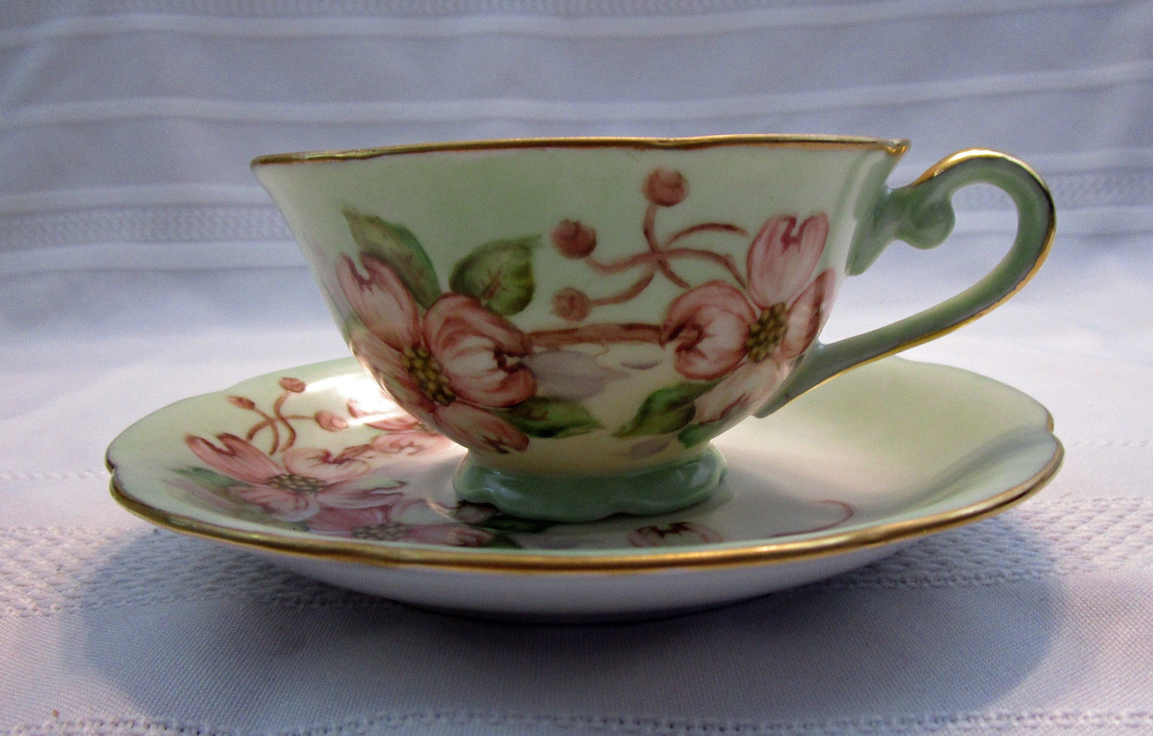RARE Agnes Visokay Hand Painted Teacup and Saucer Flowering Dogwood