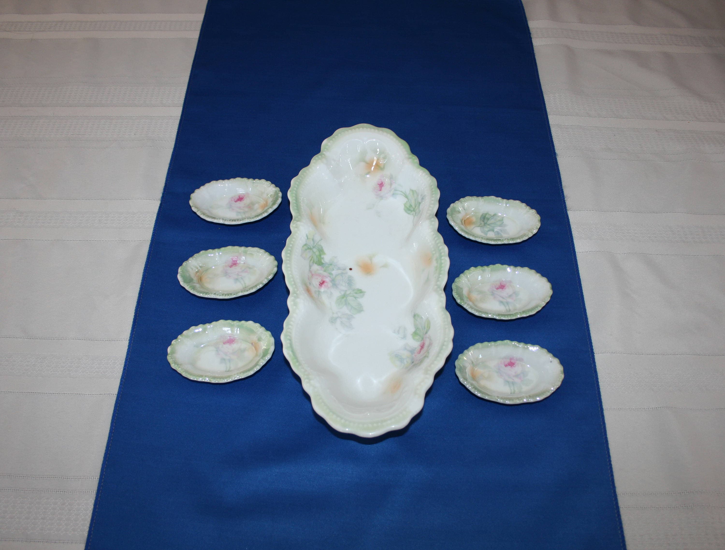 Antique Celery Serving Dish Set 6 Matching Salt Dip Cups Made in