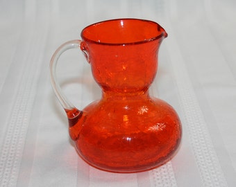 Vintage Orange Crackle Glass Miniature Pitcher with Clear Handle Knick Knack Collectible Art Glass Blenko Glass Pilgrim Glass Cambridge