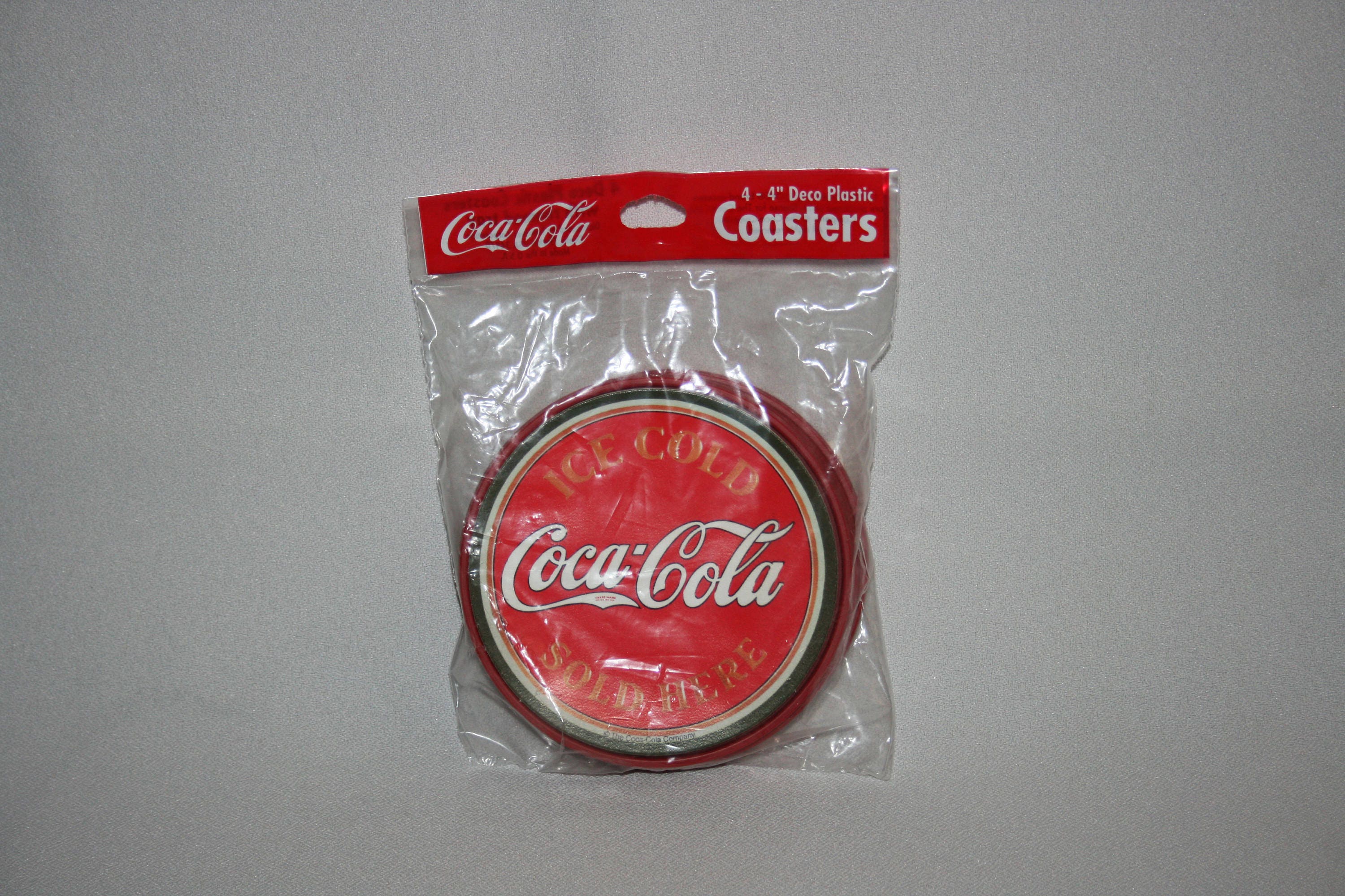 Vintage Ice Cold Coca Cola Sold Here Insert set of 4 Plastic Table Coasters  Conimar Corp Retro Coca-Cola Coke Advertisement Memorabilia