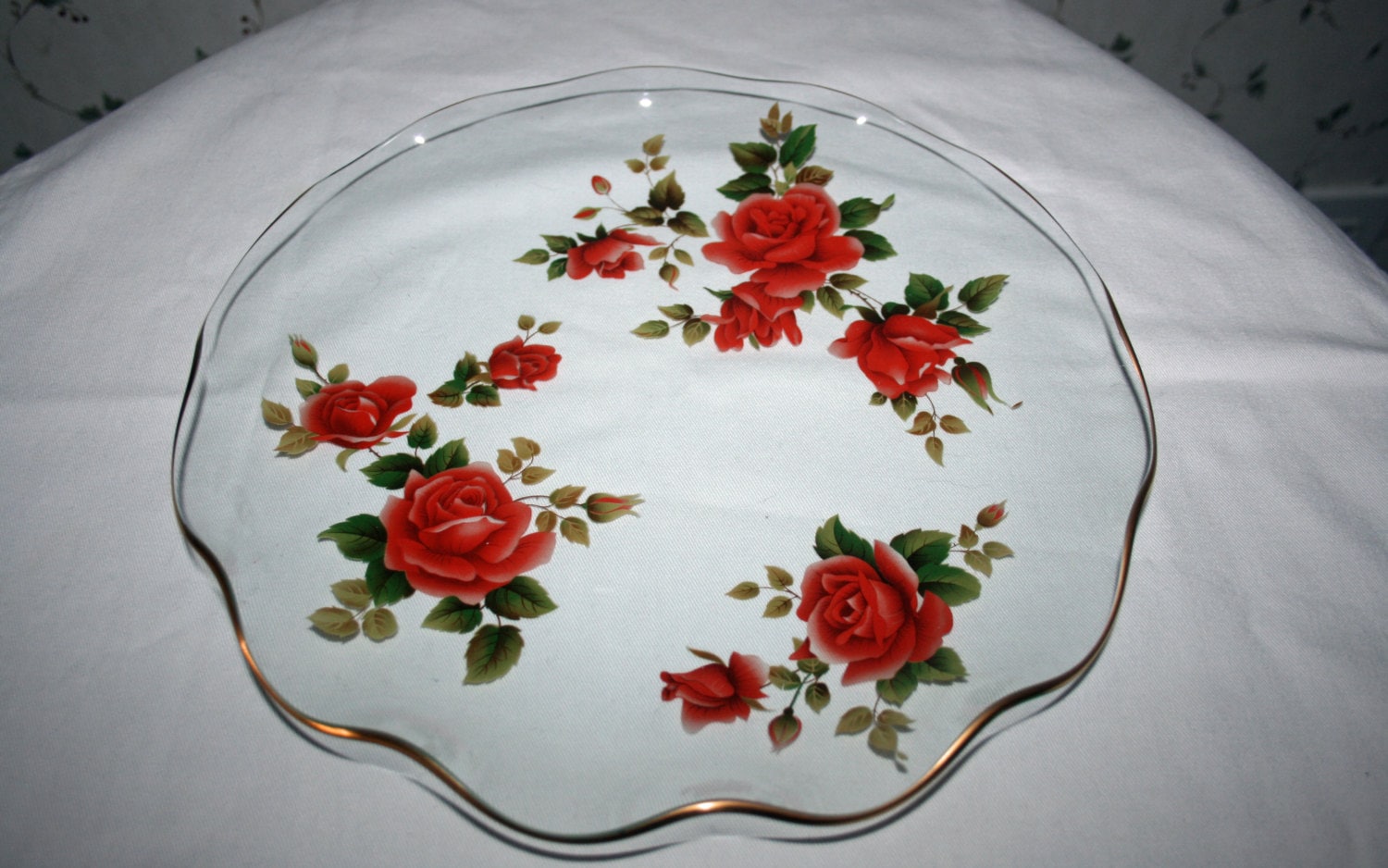 Vintage Glass Rose Plate Ruffled Dish with Red Roses on Clear Glass