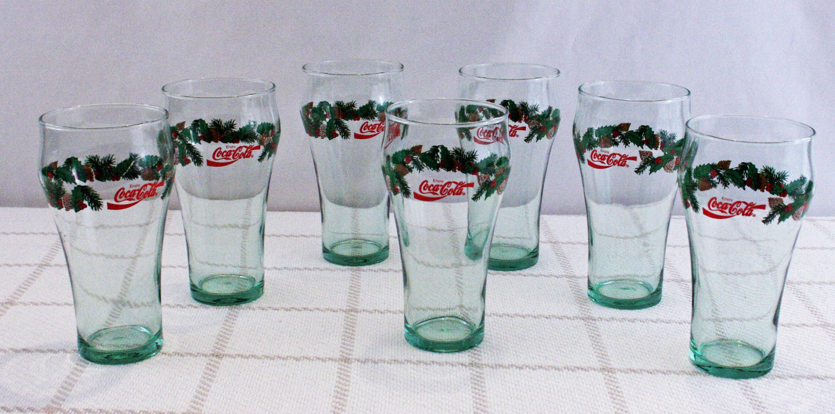 Set of 2, Green Coca-Cola Coke Glasses, 6 Tall, Great for Christmas