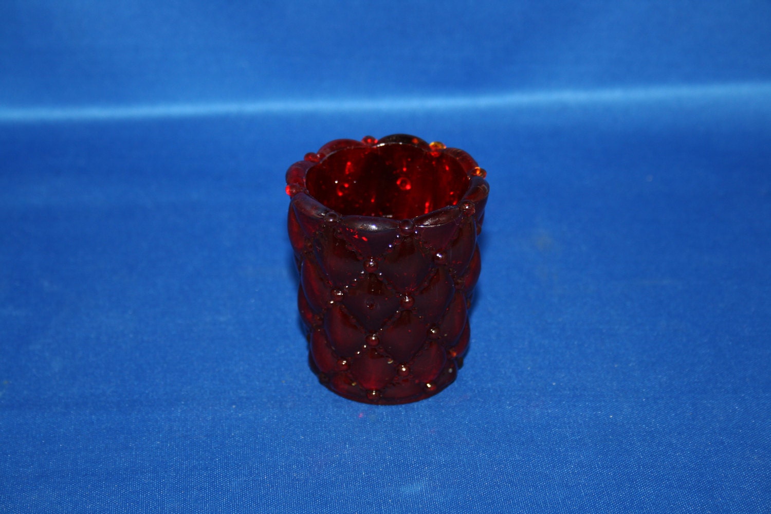 Vintage Ruby Red Glass Votive Candle Cup Quilted Diamond and Bead