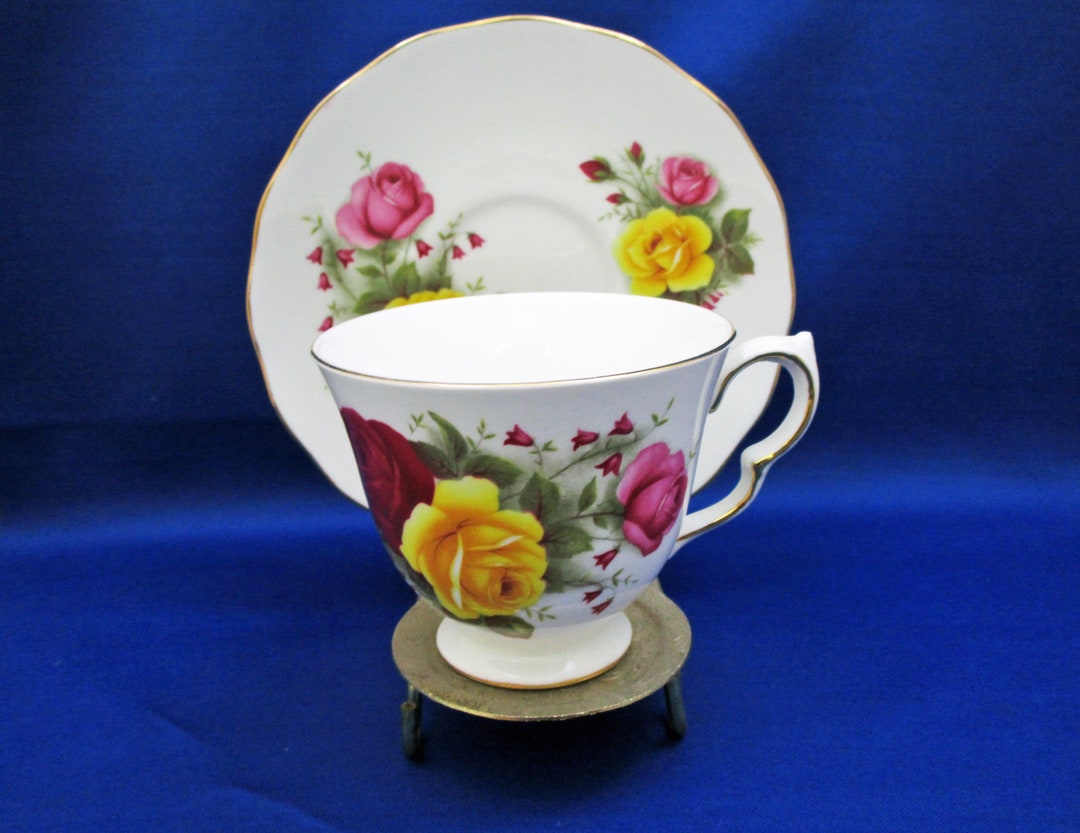 Vintage Queen Anne Bone China Tea Cup and Saucer Yellow and Red Roses