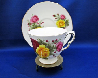 Vintage Queen Anne Bone China Tea Cup and Saucer Yellow and Red Roses Pattern 8519 C174 Ridgway Potteries, Made in England English Tea Party