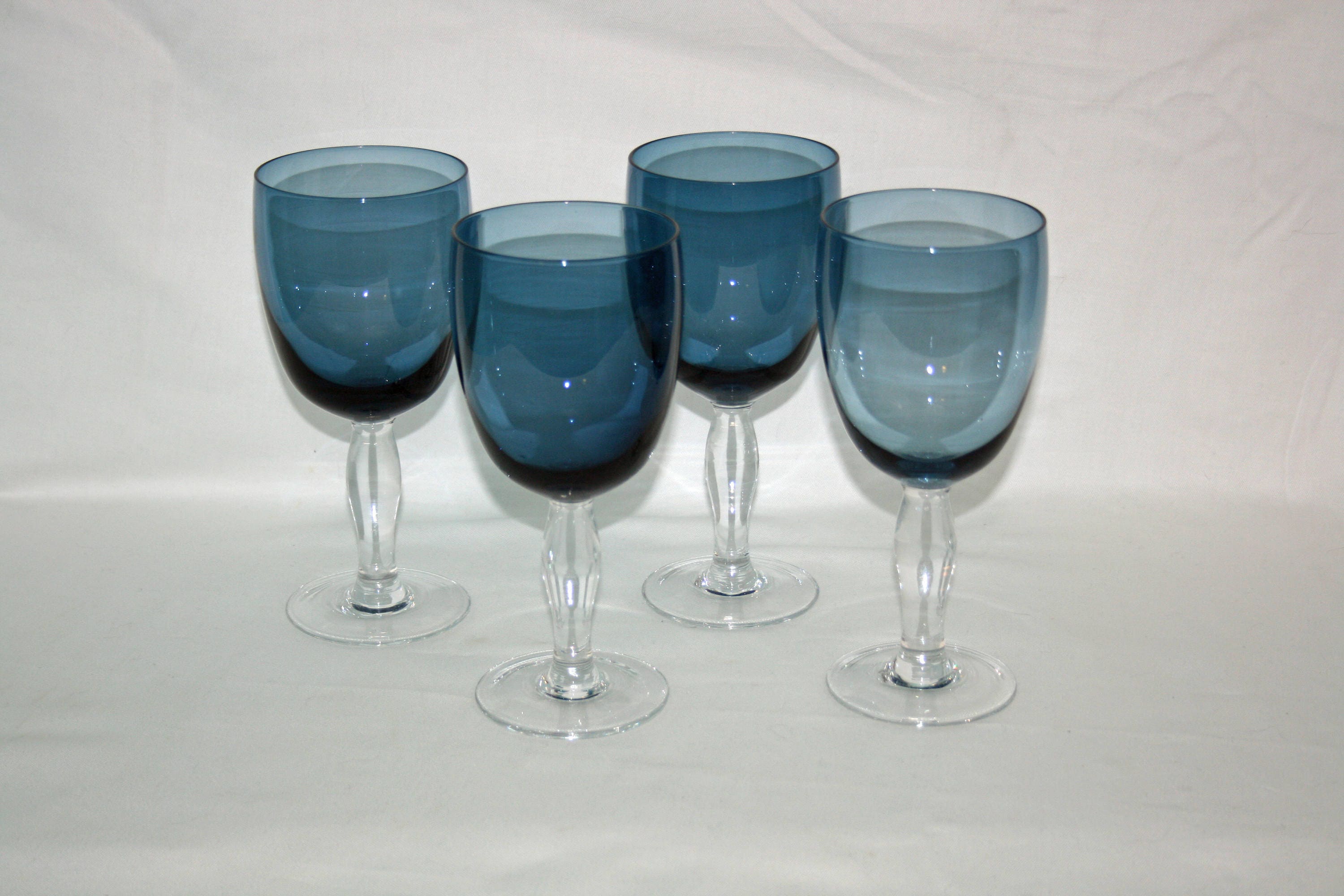 Vintage Blue Tinted Clear Stemmed Wine Goblets wine glasses Water