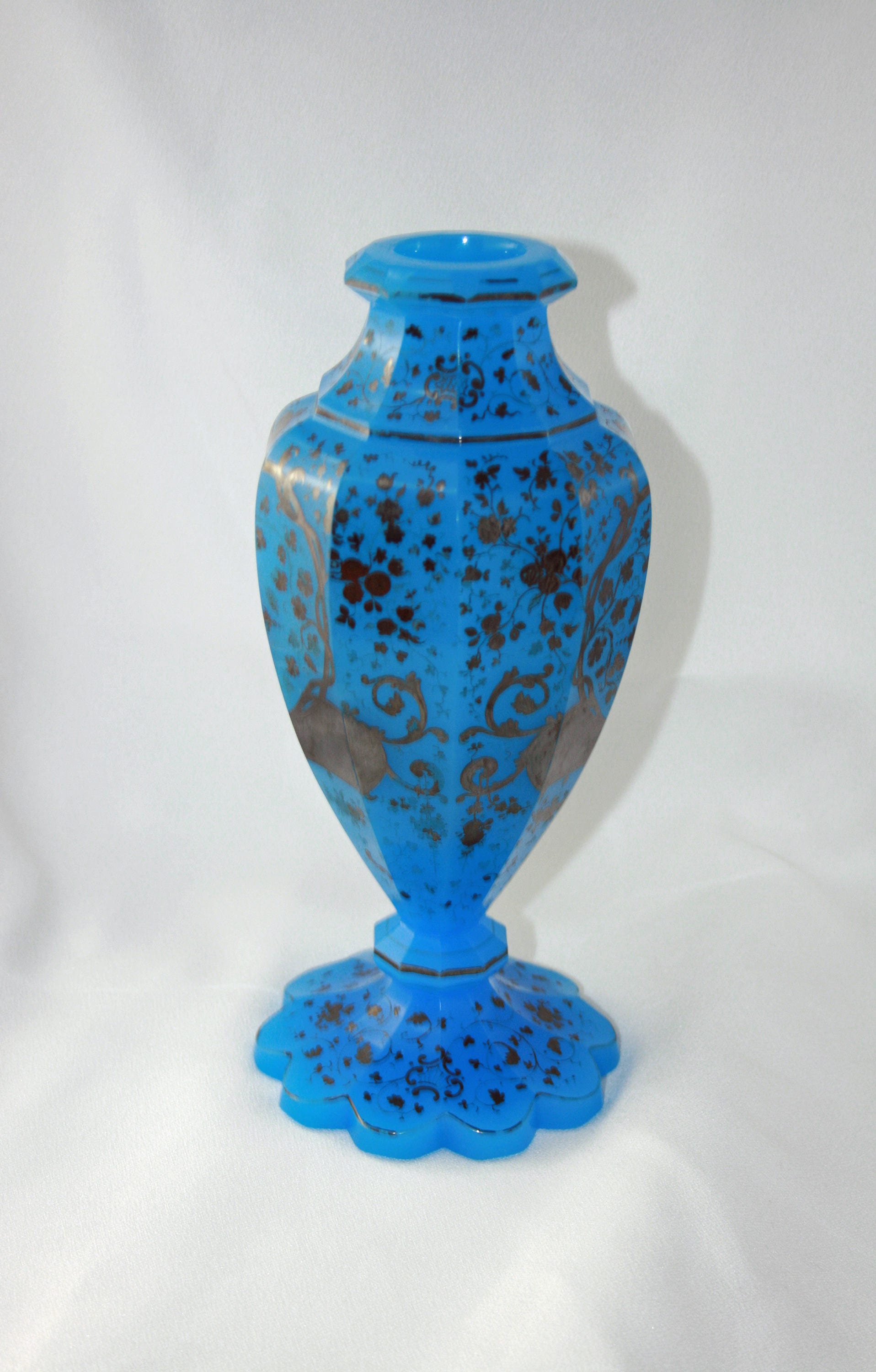 Antique French Blue Opaline Glass Vase Hand Blown with Hand Painted