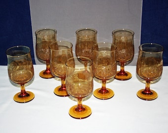 Vintage Libbey Glass Co Americana Amber Water Glass 10 oz Goblet or Wine Glass retro glasses Sandwich Style Decal Band set of 8