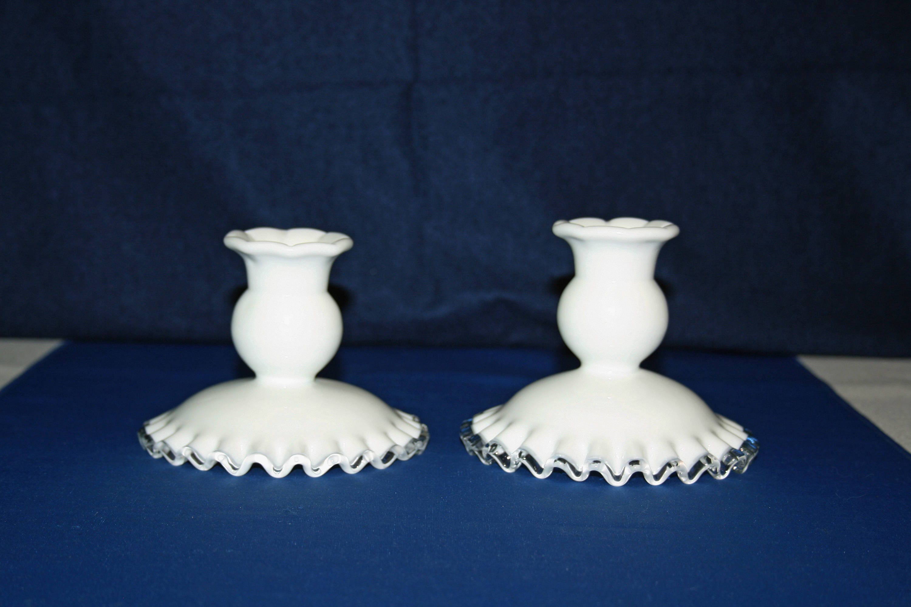 Vintage Fenton Silver Crest Candlestick white clear glass crimped