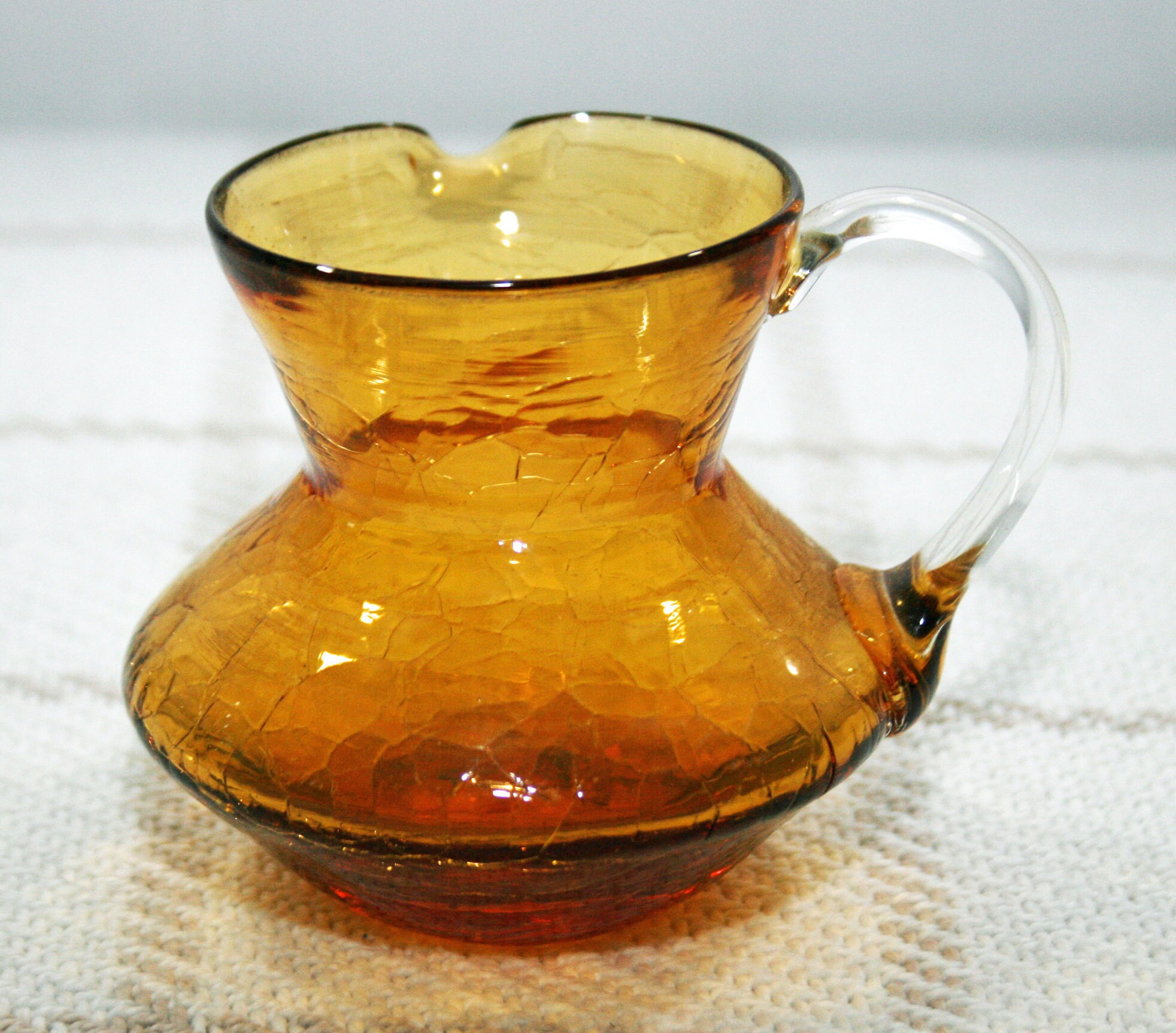 1950s Vintage Hand-Blown Small Glass Pitcher With Applied Handle & Pontil  Mark