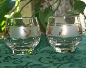 Vintage Libbey Glass Creamer and Sugar Bowl Gold Leaves and Frosted Band Country Kitchen Homestead Farmhouse Tea & Coffee