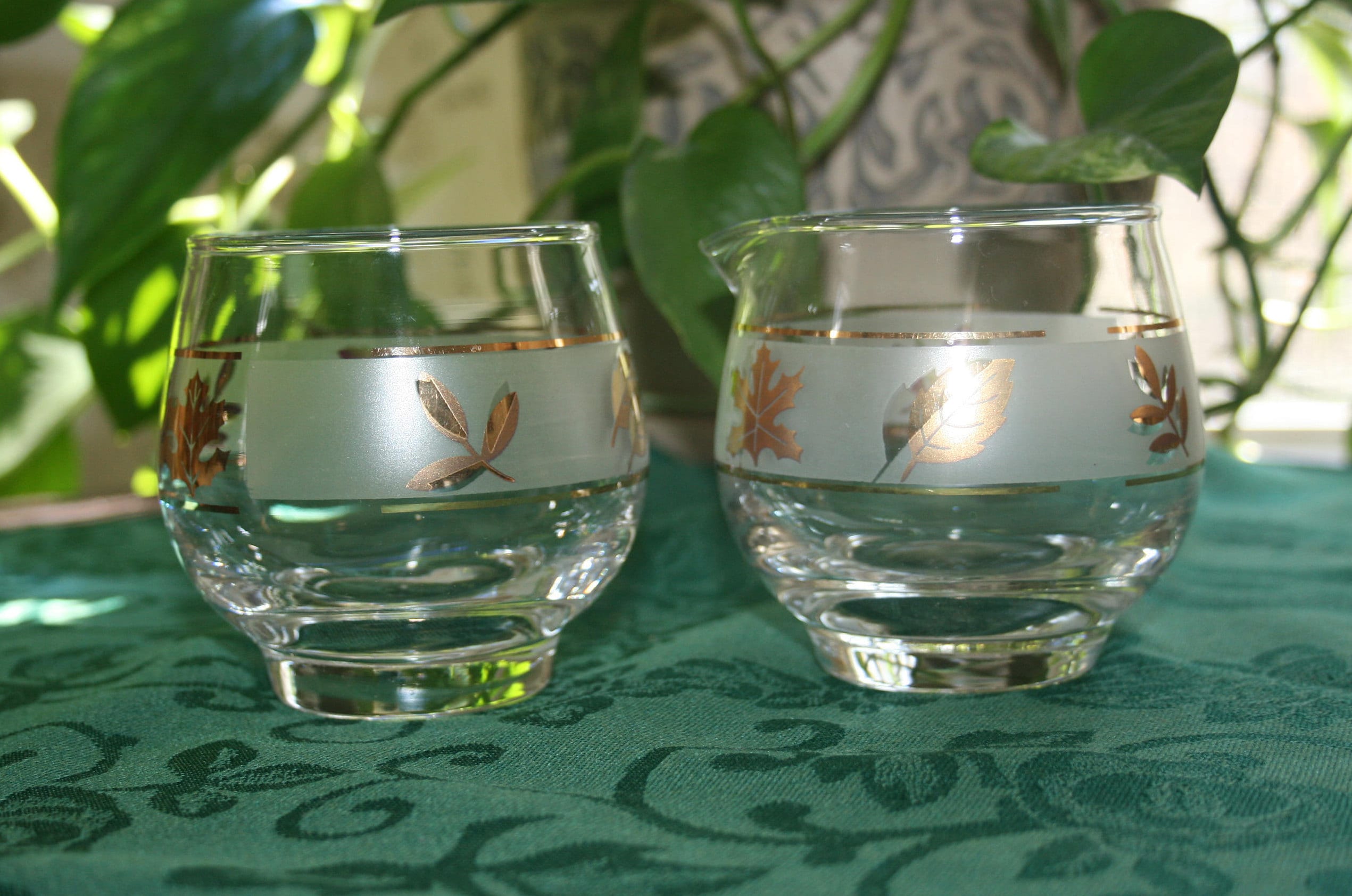 Vintage Libbey Gold Leaf Foliage Frosted Tall Water Glasses- Set of 8