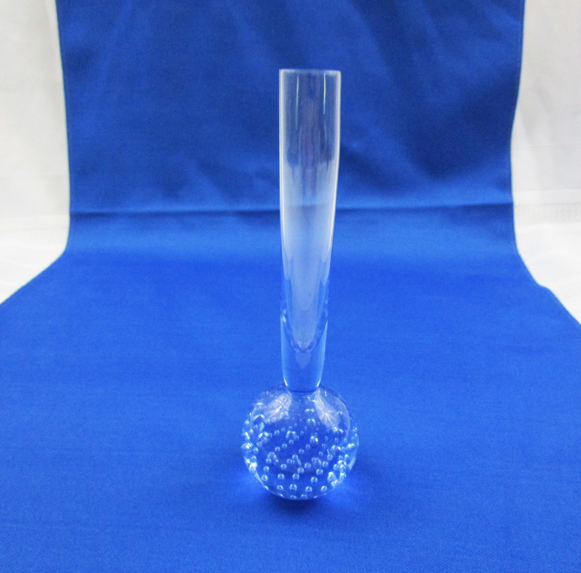 Vintage Bud Vase Handmade Blown Controlled Bubble Blue Art Glass Bud