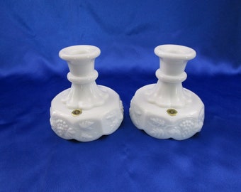 Vintage set of 2 Candlesticks Westmoreland Milk Glass Paneled Grape pair of Single Candle Holders Candlestick Candle Holder