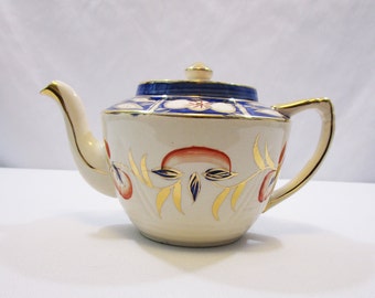 Vintage Teapot Arthur Wood and Sons Hand Painted Gaudy Welsh 32 ounce Tea Pot with Gold Gilding Peach and Blue coloring circa 1954