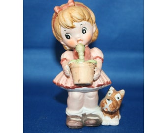 Vintage Precious Moments Style Girl & Scotty Dog Figurine Holding a Flower Pot with a Worm Ceramic Figure Collectible Knick Knack