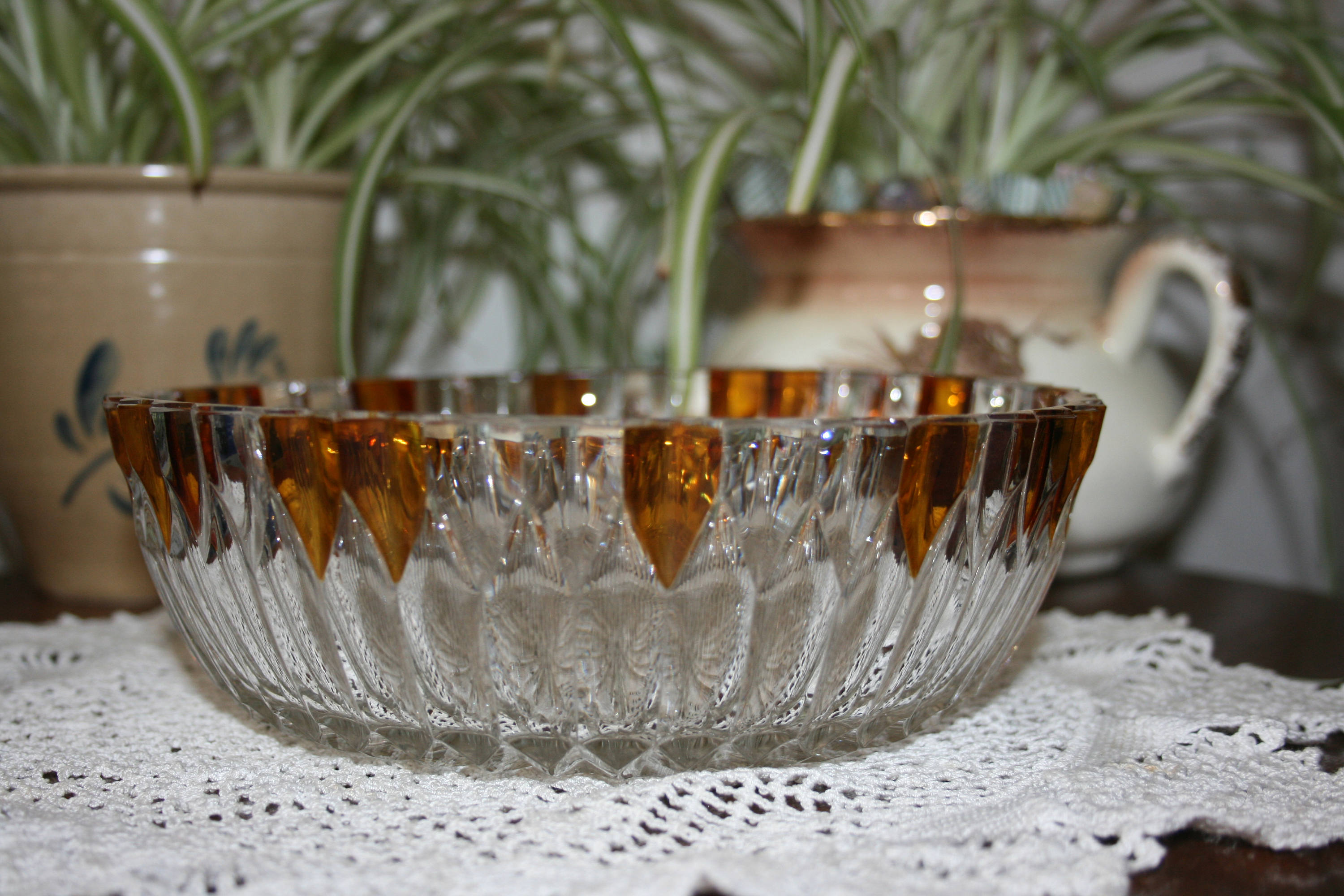 Vintage Crystal Serving Bowl With Amber Accents Echt Bleikristall Cut 