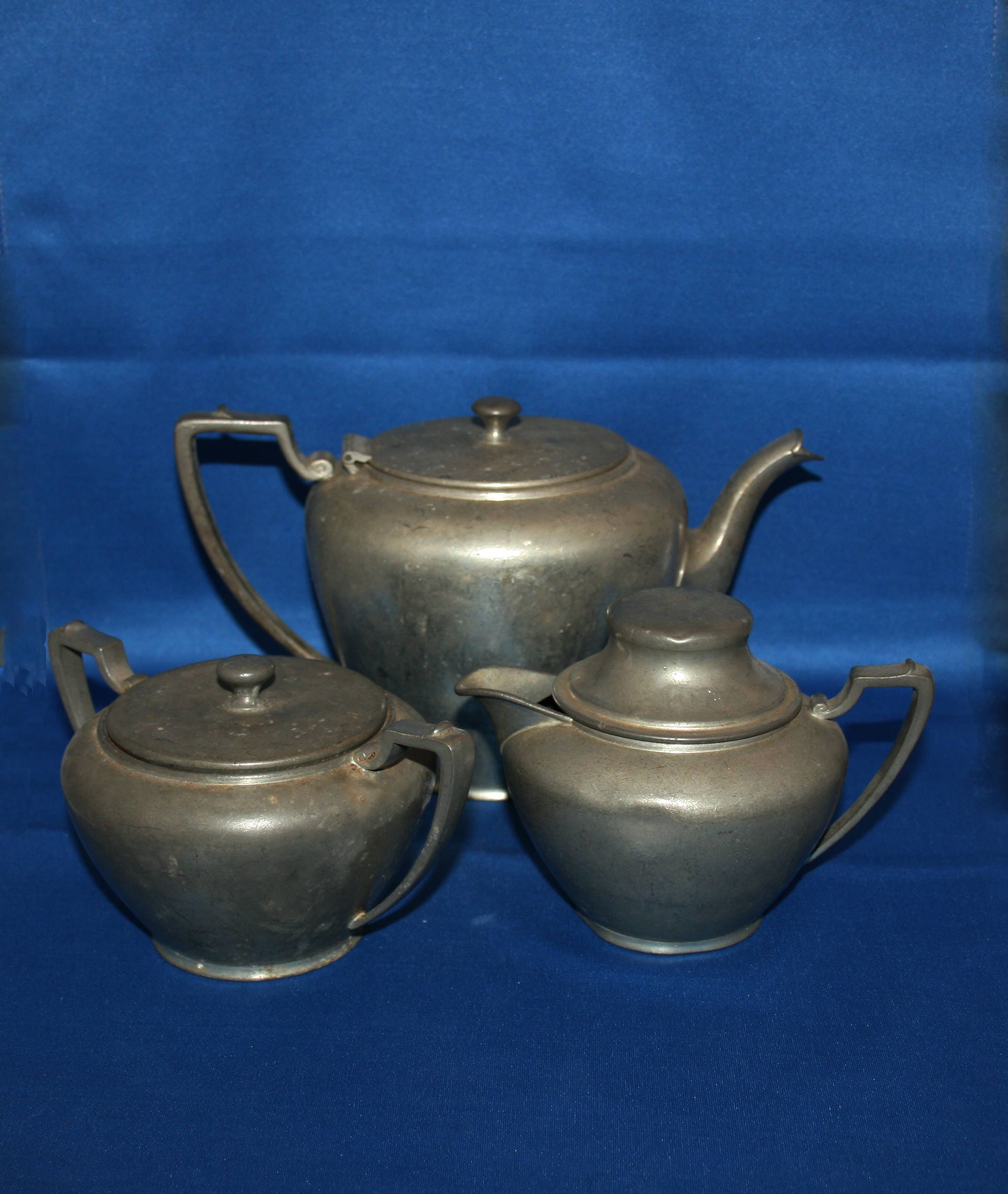 Rare Antique Wallace Pewter Coffee Set Teapot Creamer and Sugar Bowl