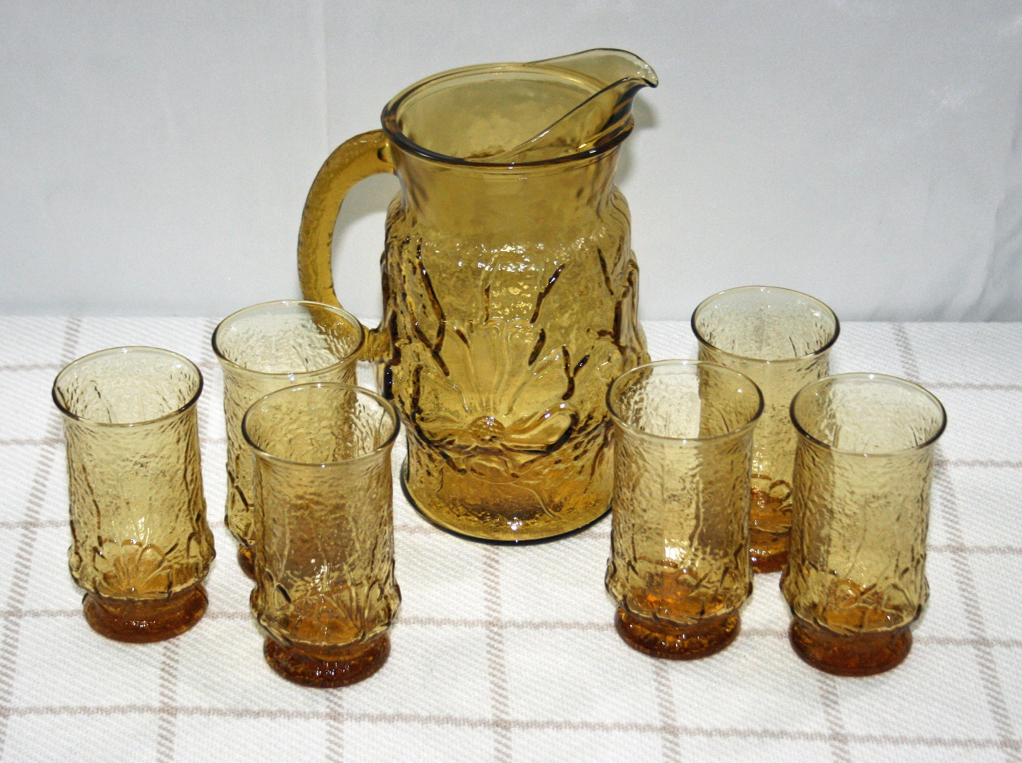 Vintage Amber Pitcher and Glass Set Anchor Hocking Rainflower Pitcher