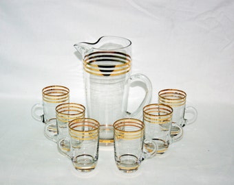 UNIQUE Vintage Hand Blown 4 Gold Band Beverage Set Cocktail Pitcher and 6 Handled Cups - Martini Pitcher, espresso style cup Lemonade Set