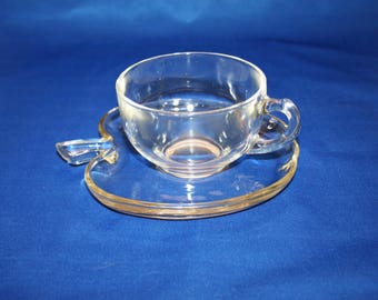 Vintage Hazel Atlas Glass Teacup and Apple Shaped Saucer the Orchard Pattern circa 1950 Teacher Gift Tea Cup Plate Tea Party