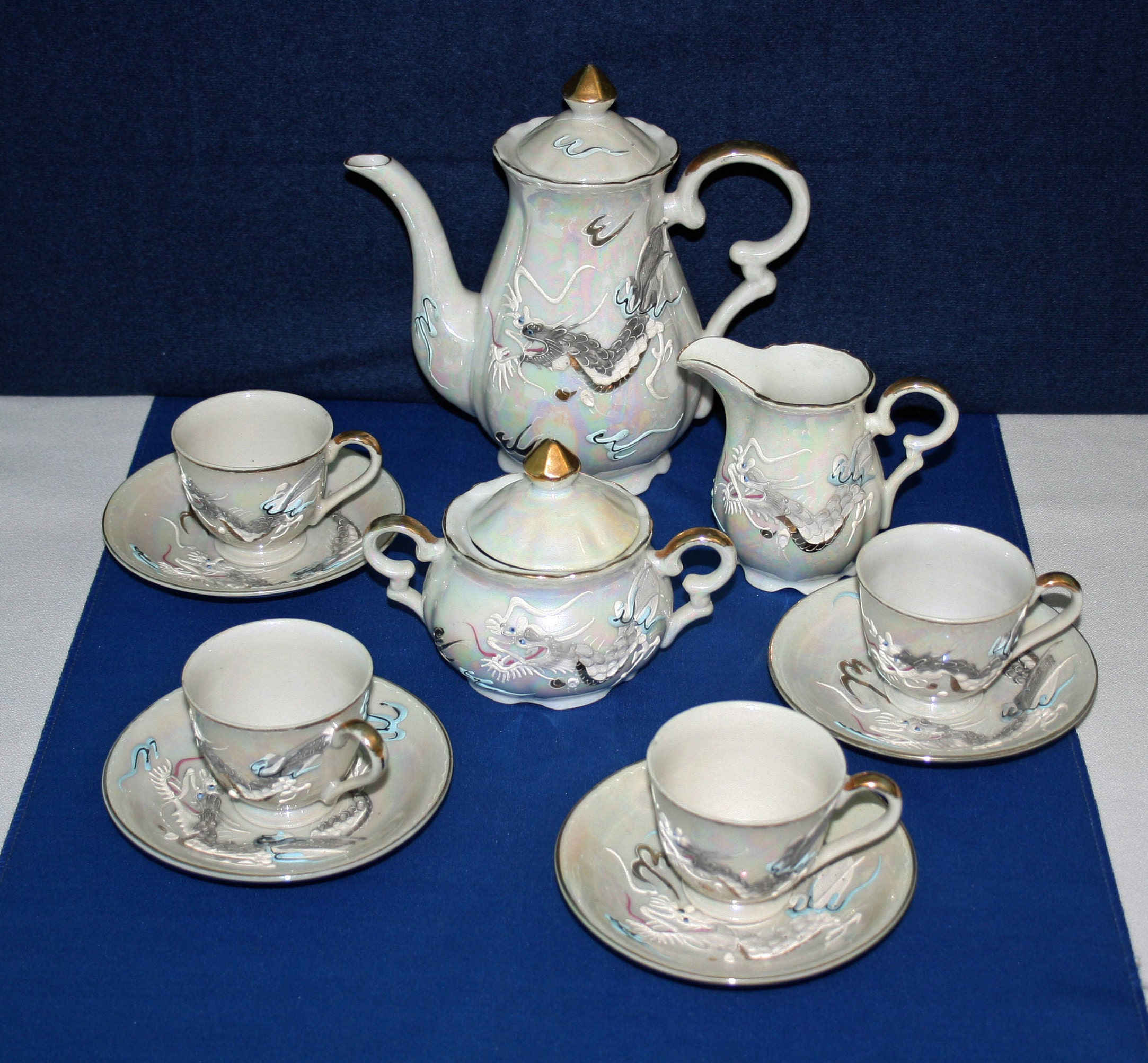 Vintage Dragonware Moriage Dragon Tea Set Tea Pot Creamer and Sugar Lusterware Geisha Lithophane