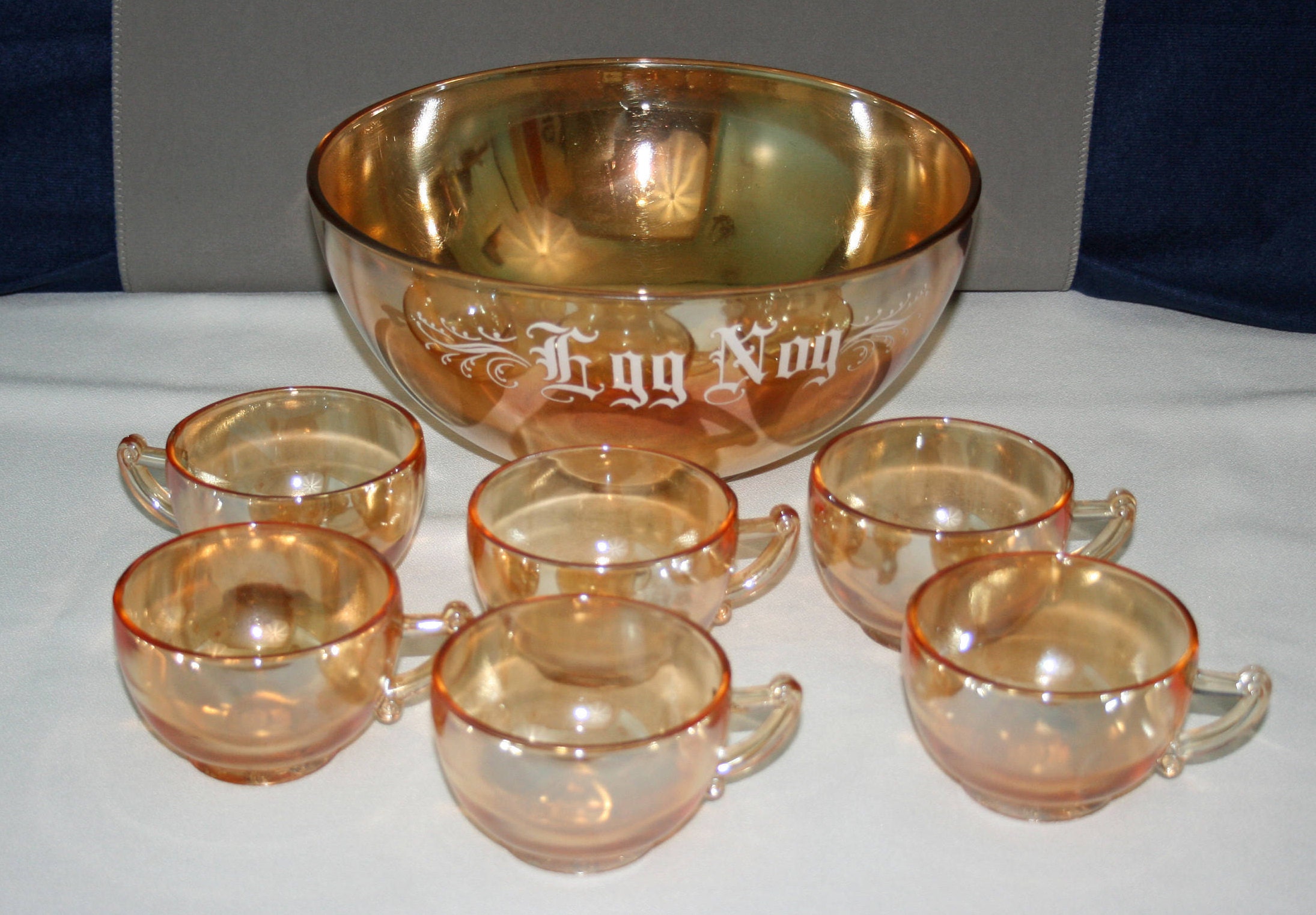 Vintage Glass Co Carnival Glass Eggnog Bowl and 6 Cup Set in