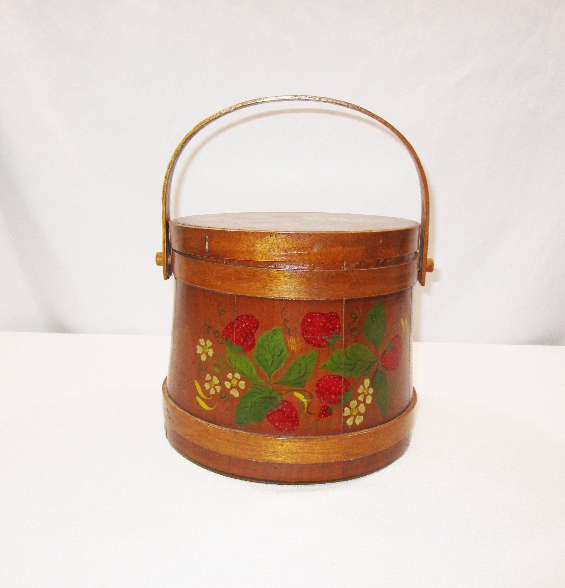 Vintage Wooden Firkin With Original Lid & Handle Hand Painted