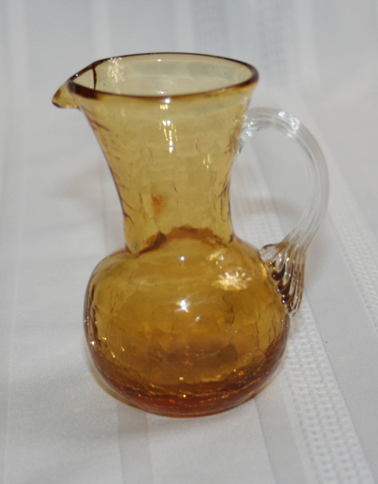 Vintage Amber Crackle Glass Miniature Pitcher Clear Handle Knick Knack