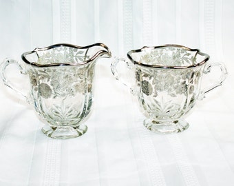 Vintage Silver Overlay Creamer and Open Sugar Bowl Floral Glass Footed milk pitcher Pressed Glass Coffee & Tea Party Time 25th Anniversary