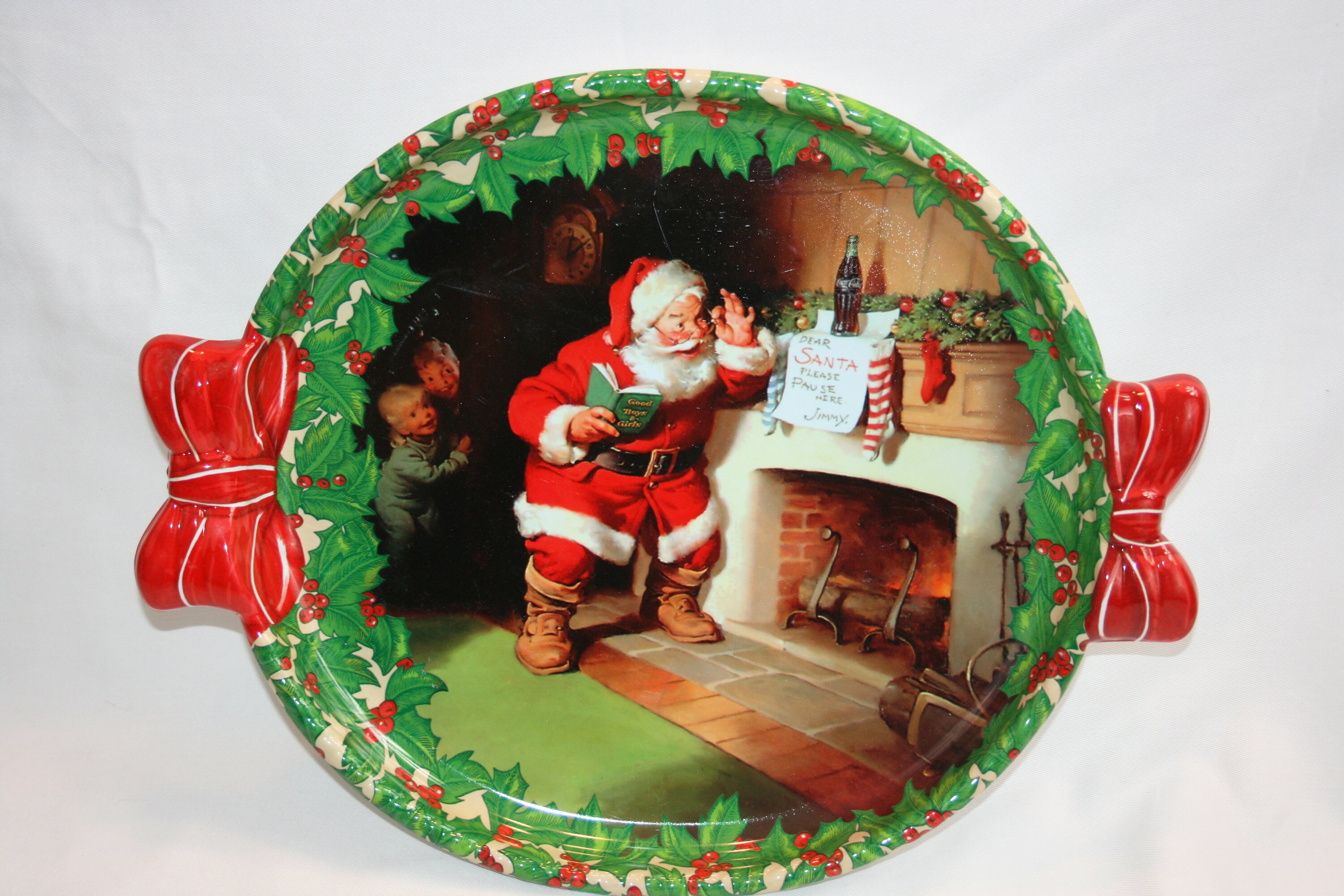 coca cola christmas santa claus plastic serving tray with bow shaped coke christmas bow