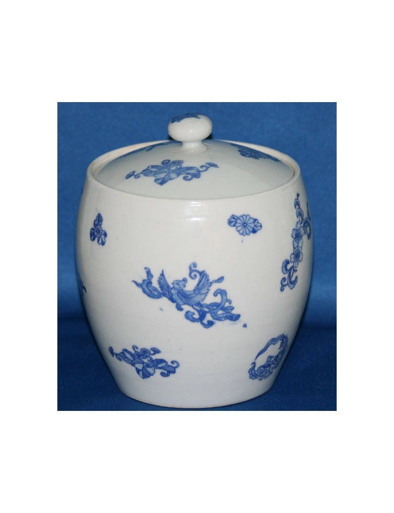 Vintage Stoneware Biscuit Jar Blue Transferware Birds and Flowers