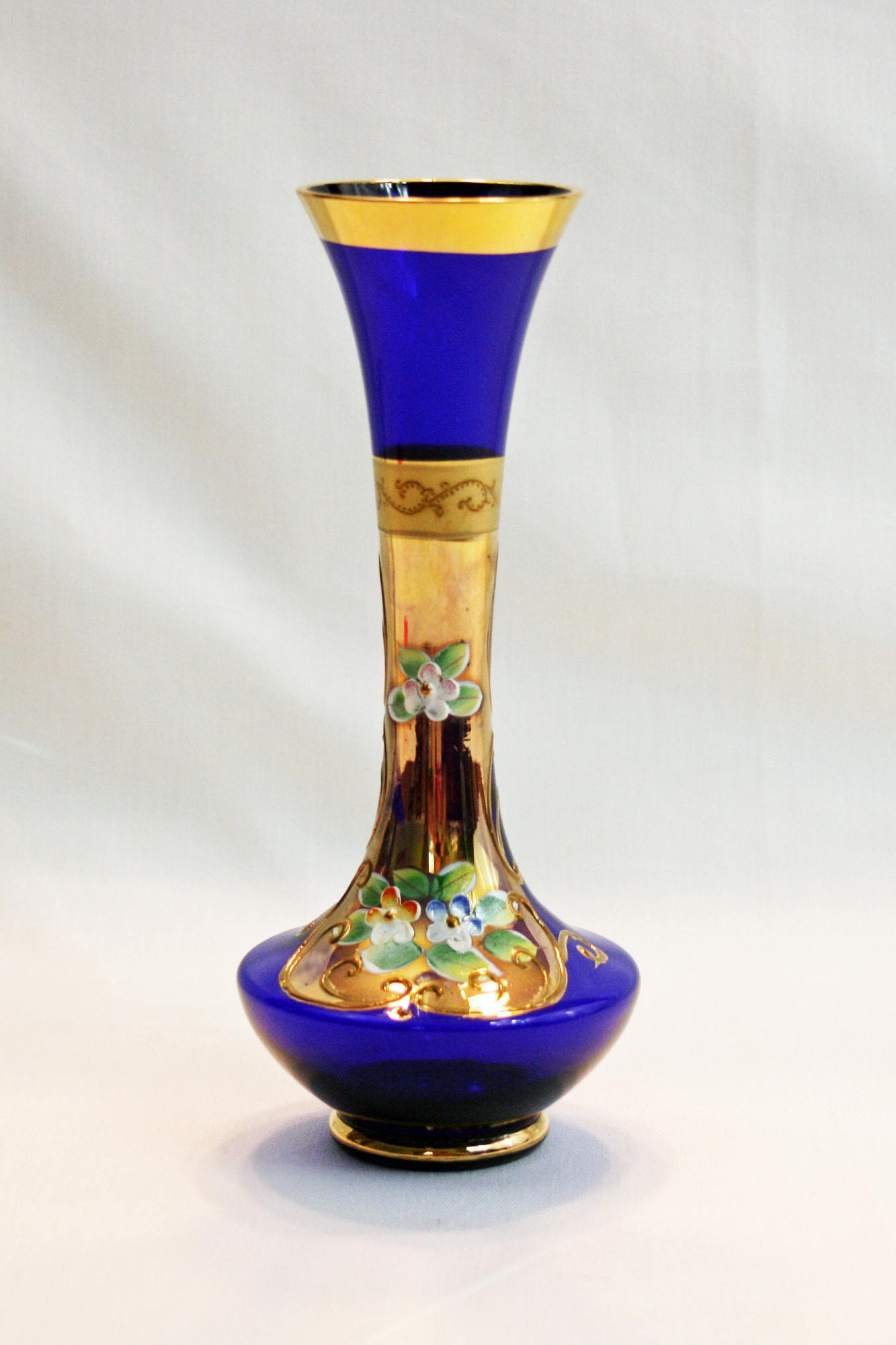 Vintage Lefton Cobalt Blue Bud Vase Gold Gilding Enamel Flowers Hand Blown Hand Painted Bohemian