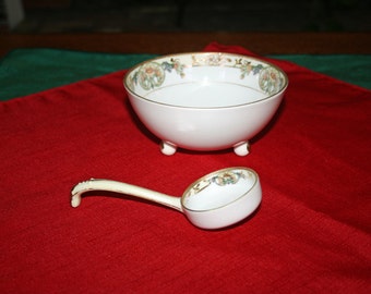 Antique Morimura Brothers Mayonnaise Bowl & Spoon Nippon Noritake Hand Painted Floral and Gold Sugar Bowl w/ Spoon Vintage