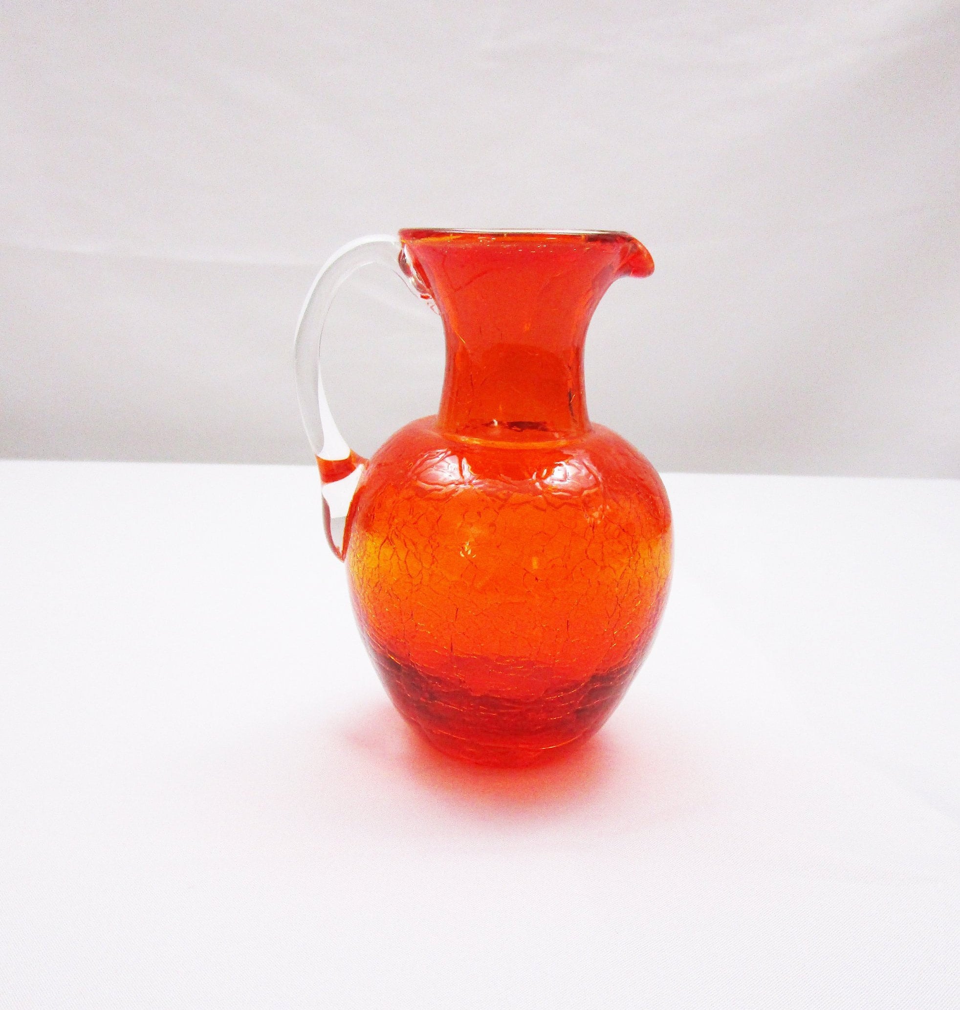 Vintage Orange Crackle Glass Miniature Pitcher With Clear Handle Bud Vase Knick Knack Hand