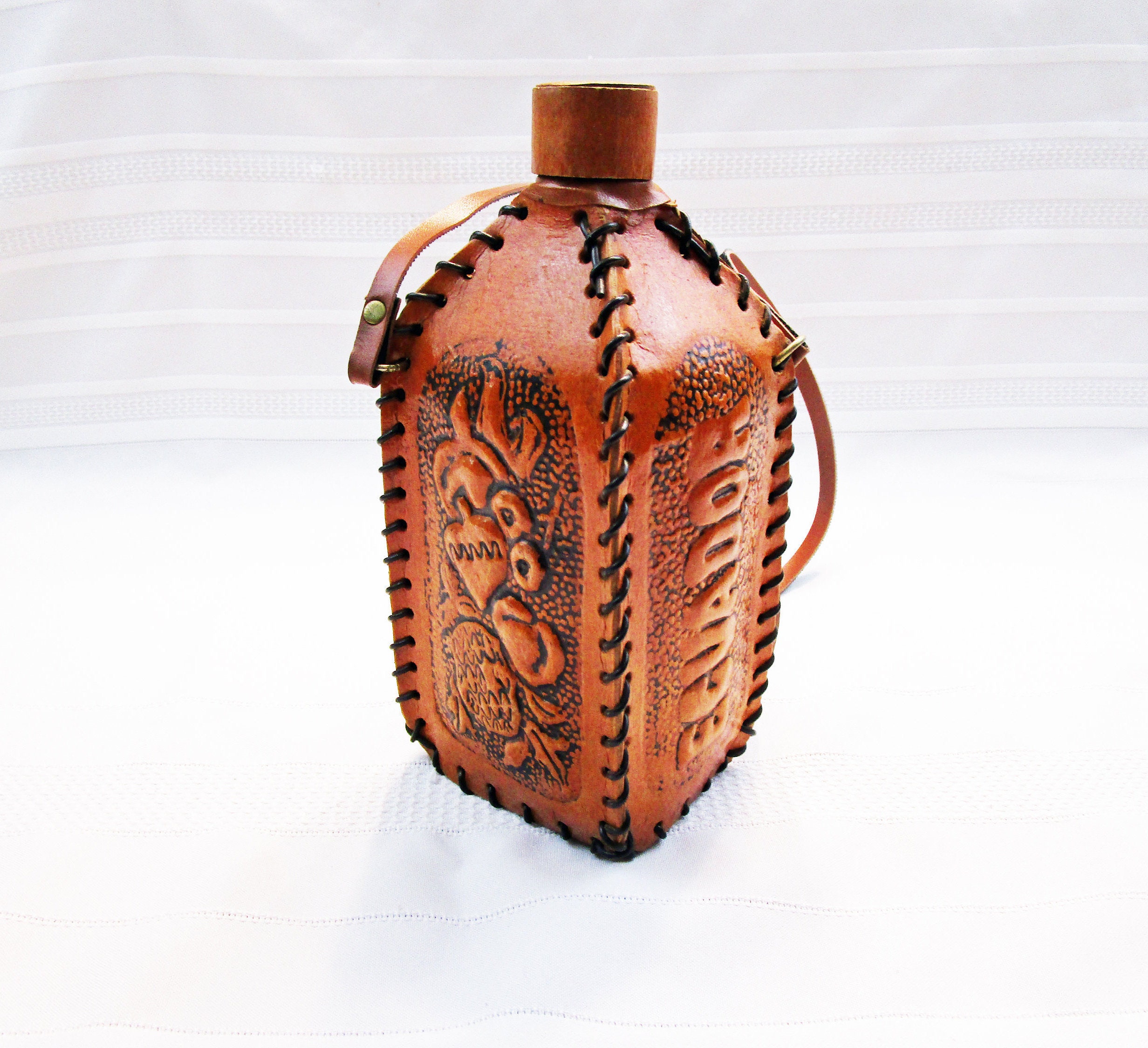 Vintage Ecuador Souvenir Decanter Canteen Hand Tooled Leather Covered
