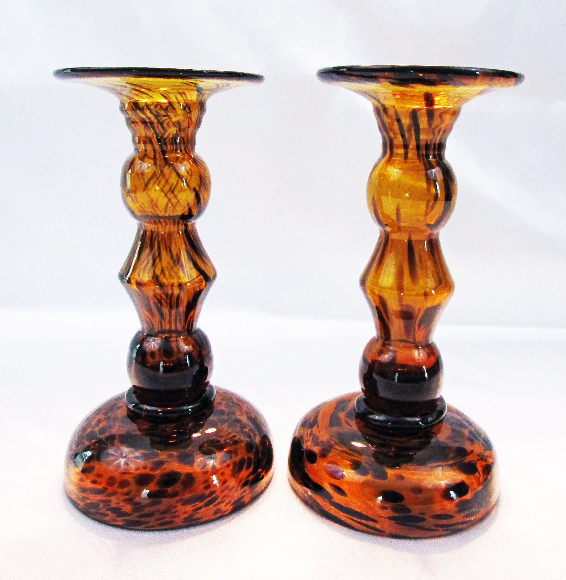 Vintage Tortoise Shell Glass Candlestick candle holder small compote