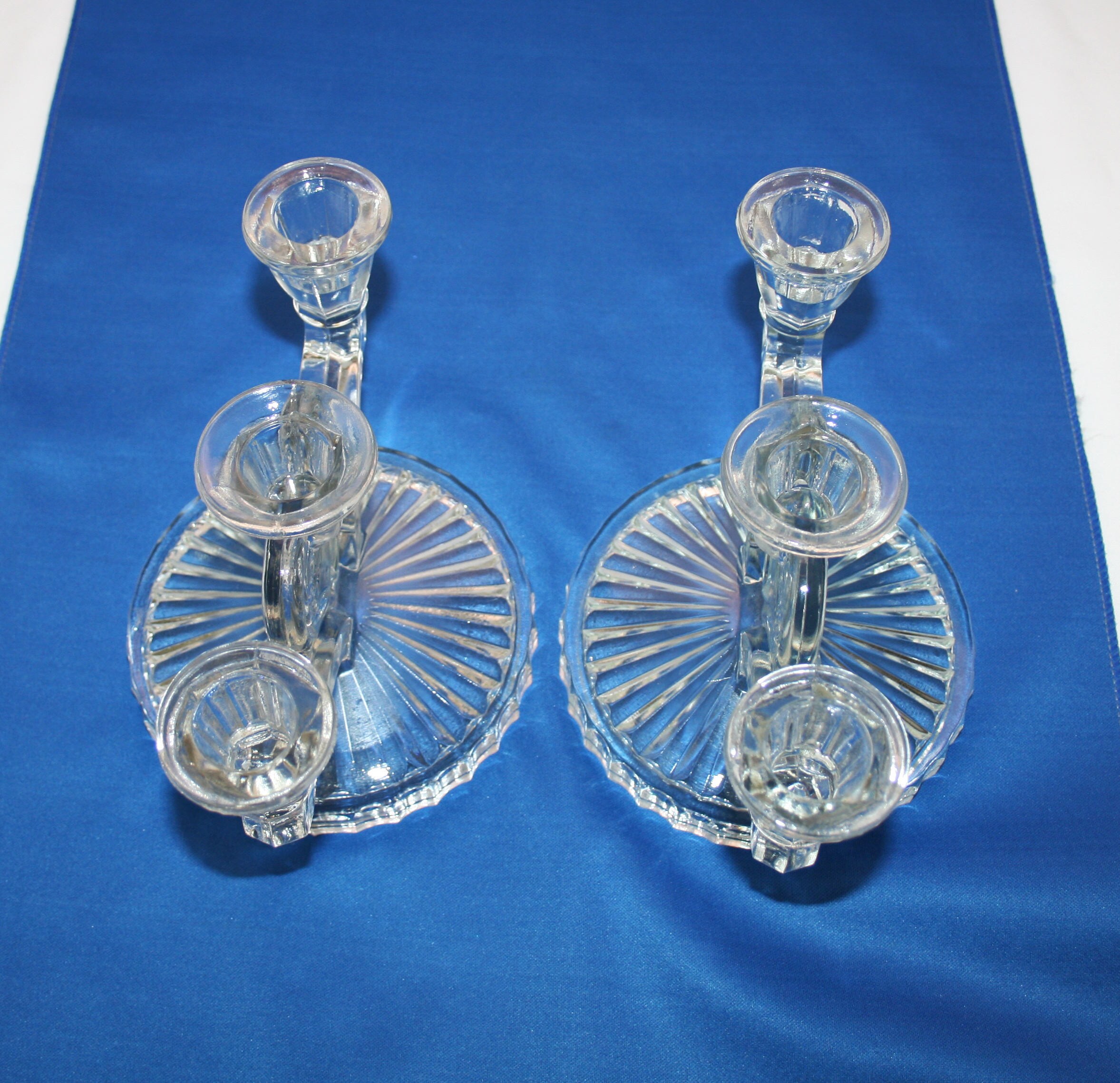 Vintage Glass Cosmos Triple Candle Candlesticks Pair of