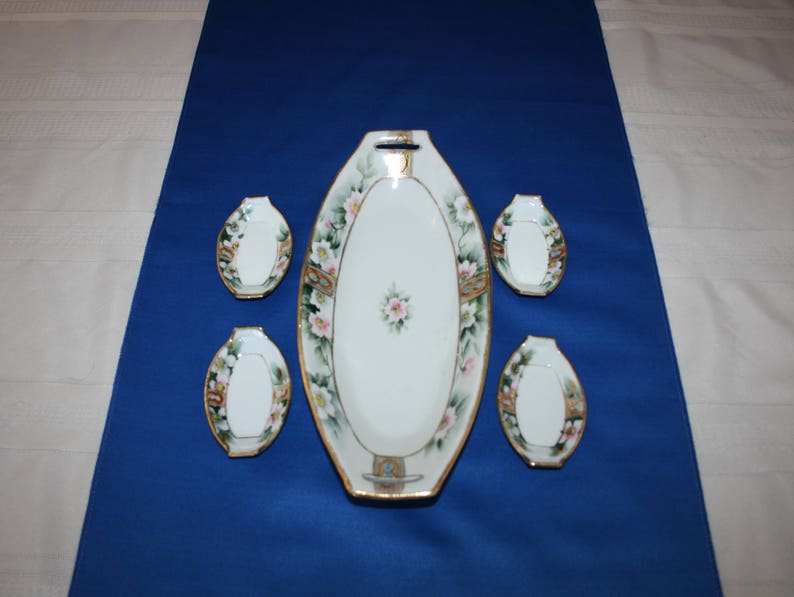 Antique Celery Serving Dish Set 4 Matching Salt Dip Cups Etsy