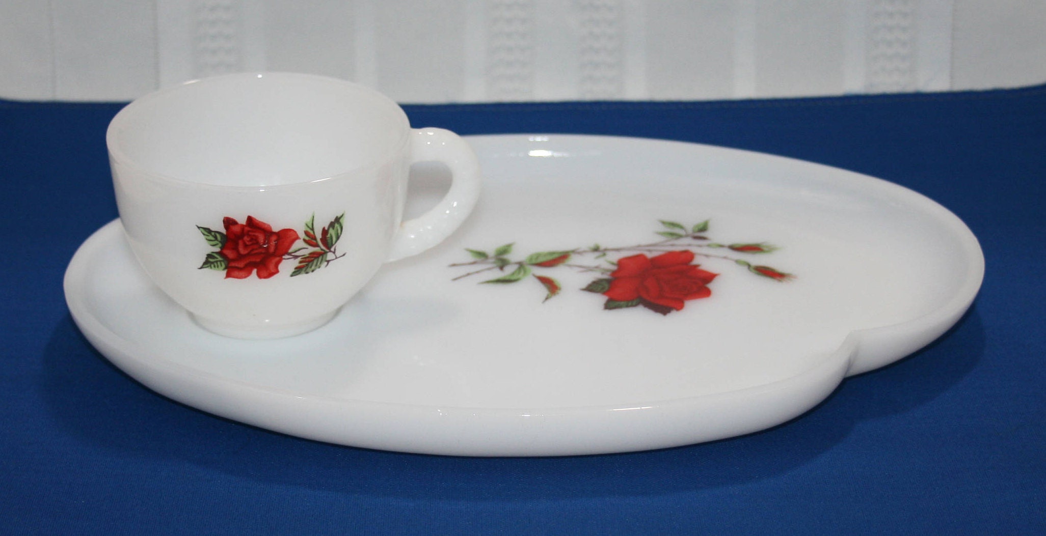 Vintage Federal Glass Teacup and Saucer Rosecrest Dura White Plate and